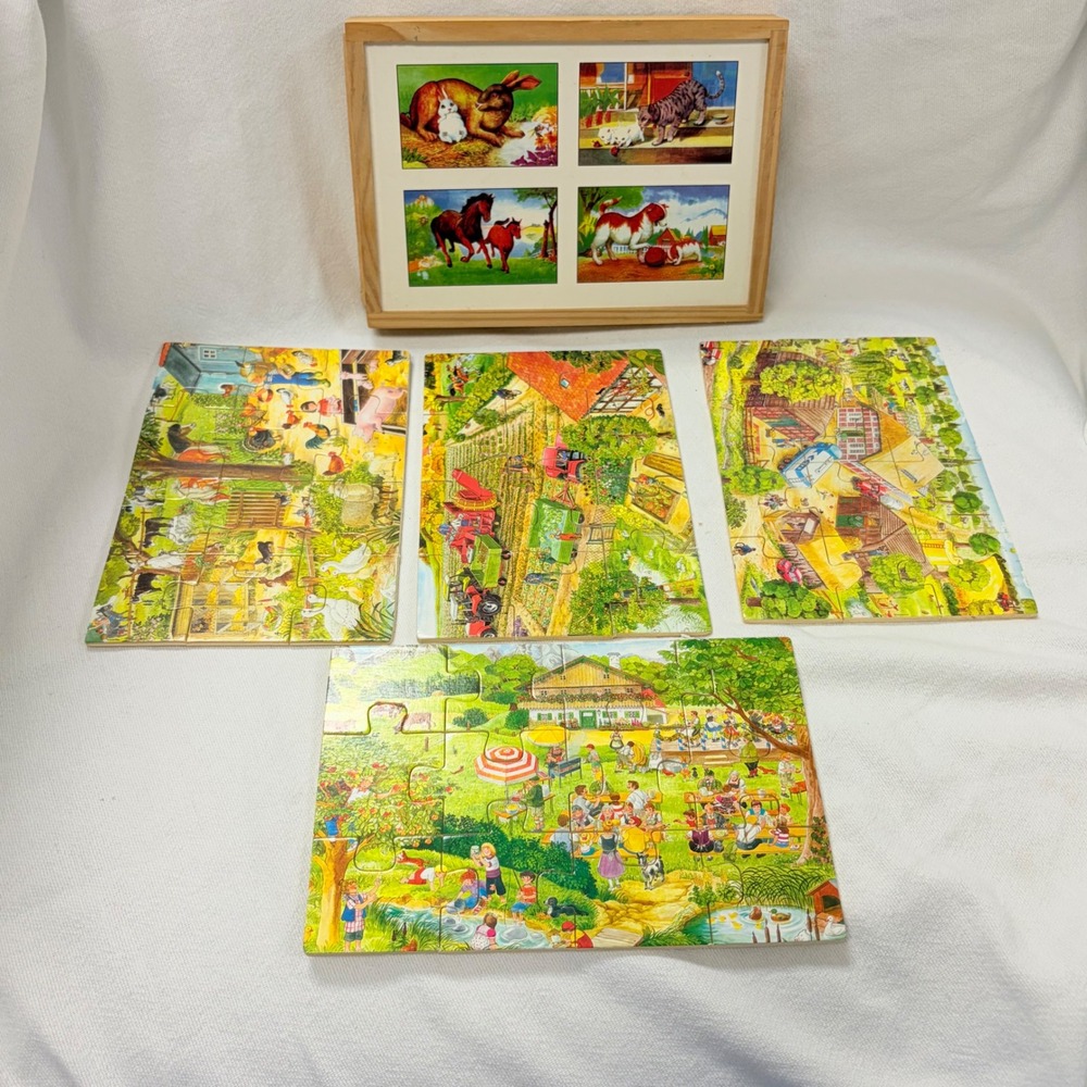 Vintage Wooden Farm Jigsaw Puzzle Set 4 Puzzles in Wood Tray Box Color Coded